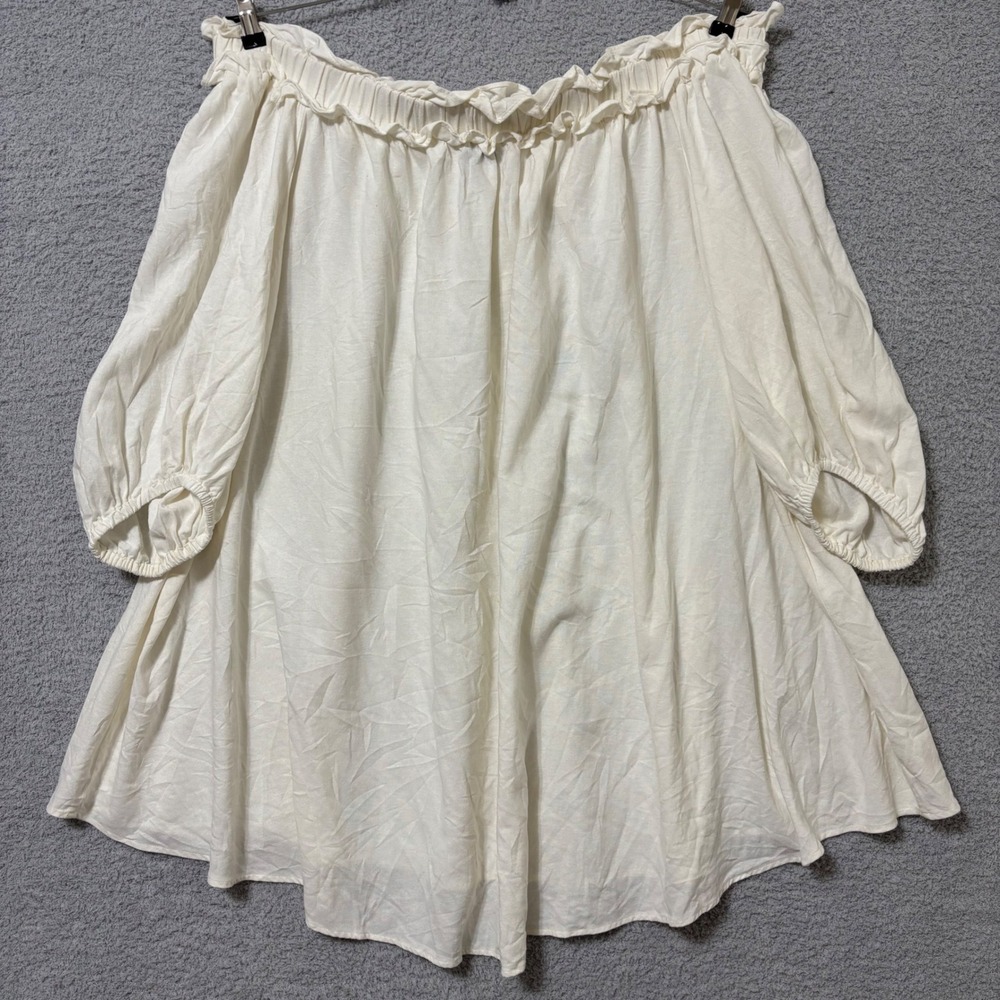Cottagecore Peasant Cream Mini Dress Off Shoulder Rayon Linen Blend Boho 22/24